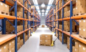 A warehouse with moving boxes.