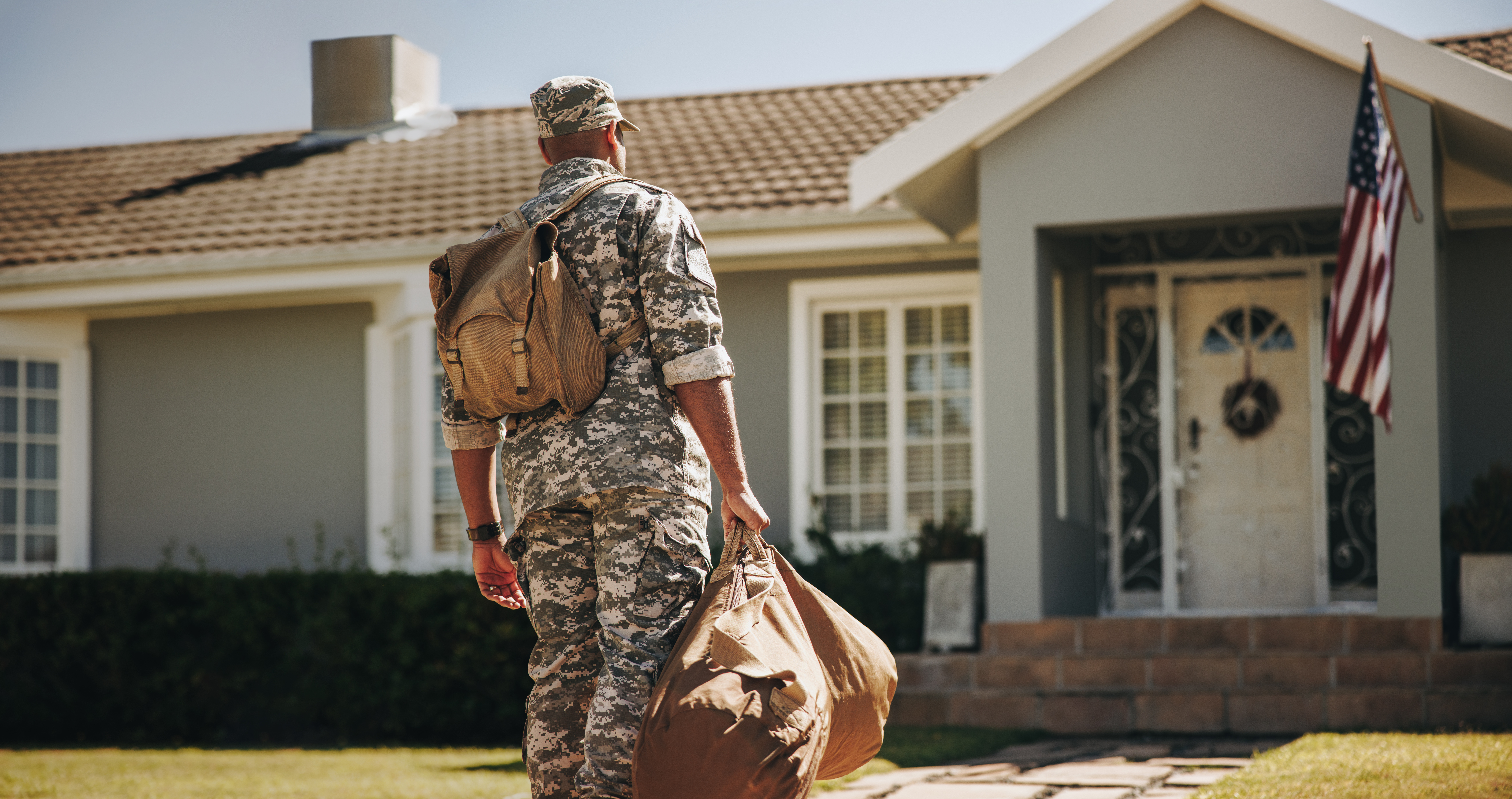 Patriotic soldier coming back home from the military.