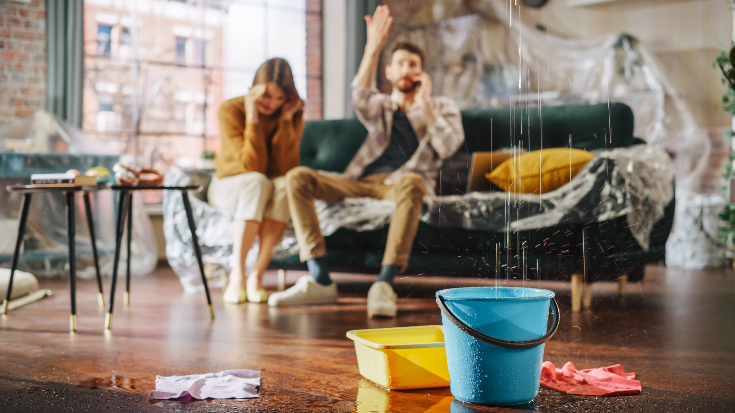 A flooded house with a couch and two people sitting.