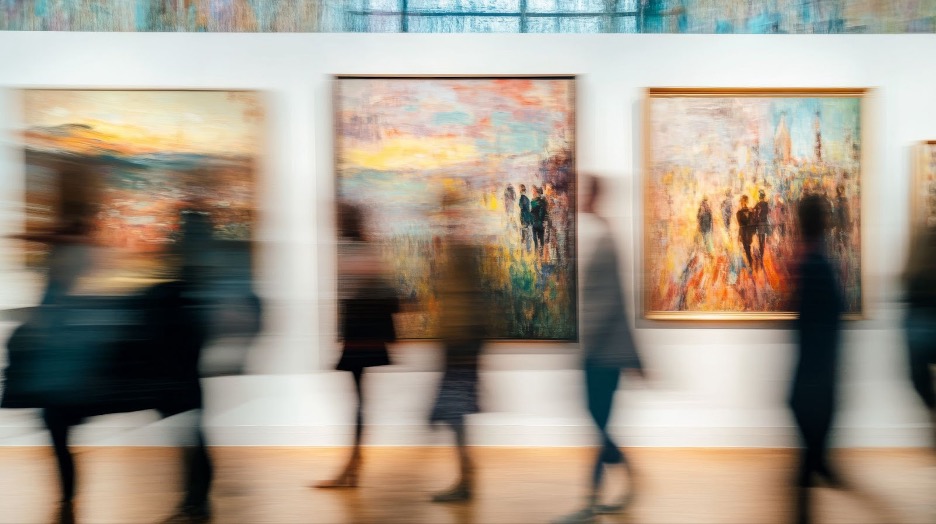 An art collection with people walking through.
