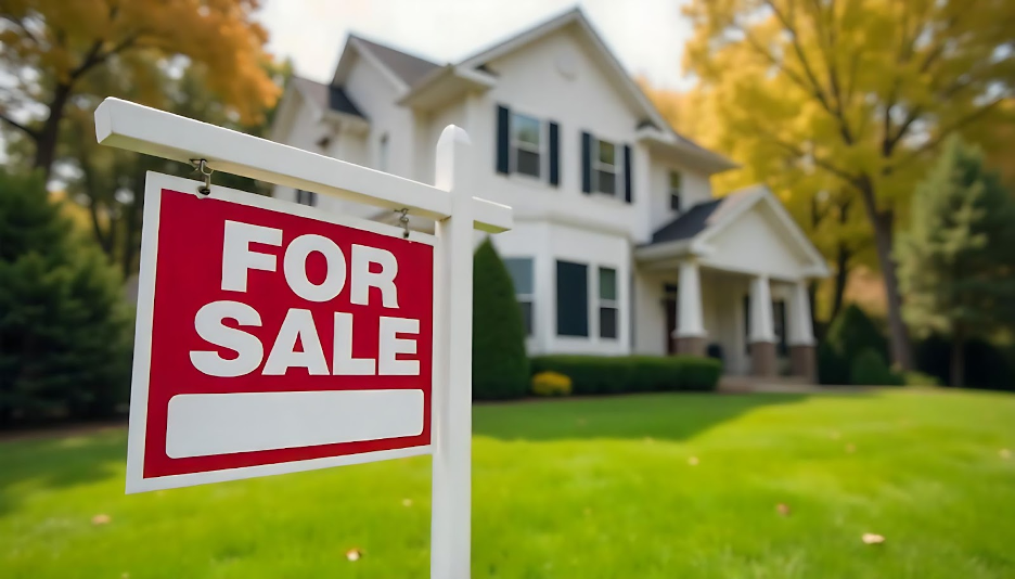 A house for sale with a moving sign.