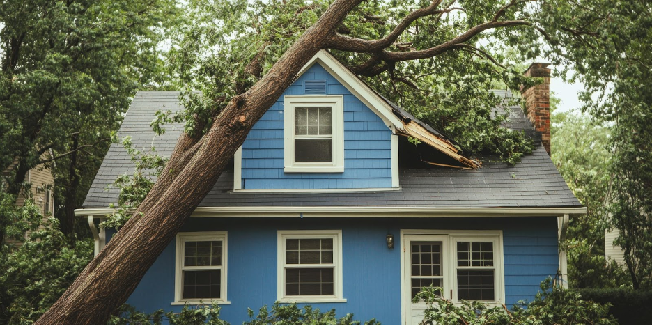 A blue house with a tree on it in a storm.