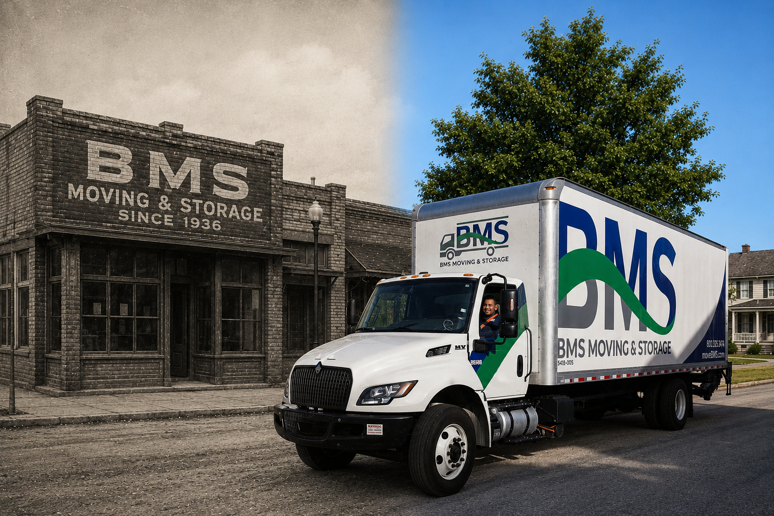 Split-image showing a vintage BMS Moving & Storage storefront on the left and a modern BMS Moving & Storage rental truck on the right.